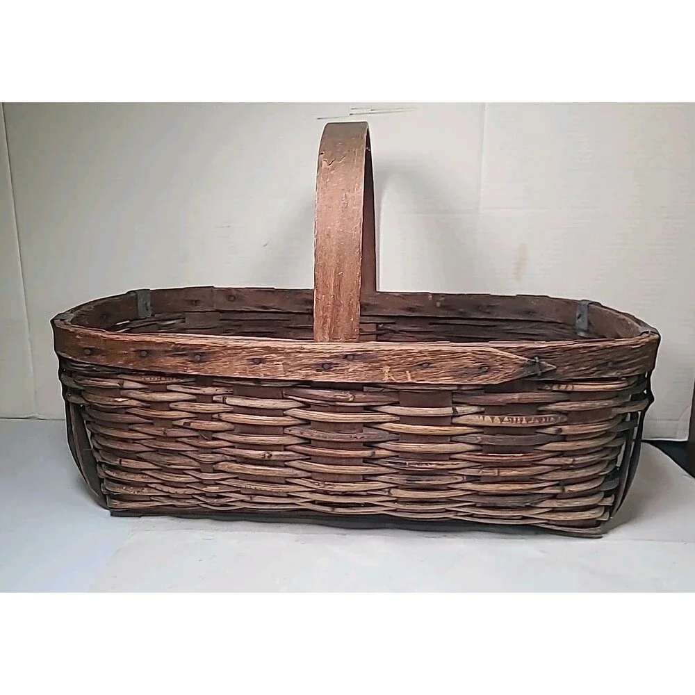 Antique American Huge Woven Handmade Gathering Basket 23x13x8 W/handle!